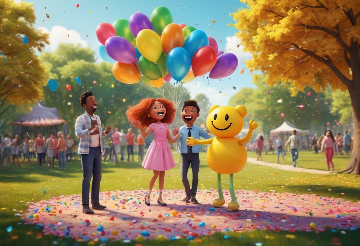 A whimsical and colorful scene depicting a diverse group of people sharing laughter together in a park, with balloons and a comedy stage in the background. The characters are engaged in humorous activities like juggling and telling jokes, showcasing a sense of joy and community. Bright, cheerful colors fill the image, symbolizing happiness and entertainment. Include playful elements like cartoonish smiley faces and confetti floating in the air. vibrant colors. 3D.