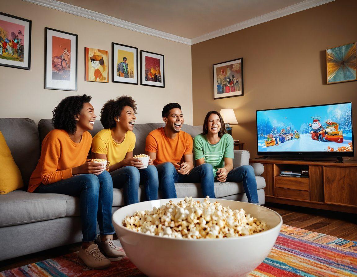 A cozy living room setting with a family laughing together while watching a funny TV show. Include a bowl of popcorn, vibrant expressions on their faces, and a TV screen showing a colorful cartoon character. The ambiance should feel warm and inviting, depicting a perfect family bonding moment. super-realistic. vibrant colors.